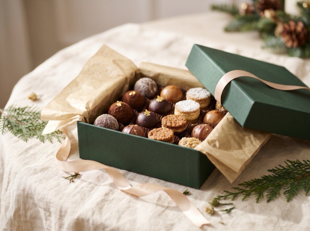 Caixa verde com doces finos, imagem conceitual para clientes e parceiros