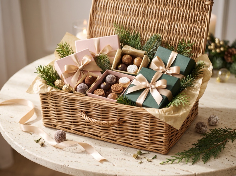 Cesta artesanal com presentes e doces de Natal, imagem conceitual
